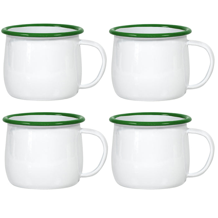 Red Co. Set of 4 Enamelware Metal 13.5 Oz Round Camping Mugs with Handle, Solid White/Dark Green Rim