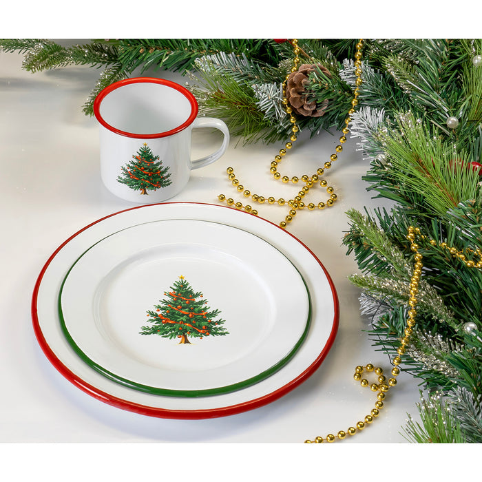 Red Co. Set of 4 Enamelware Metal 8" Round Salad Plate, Solid White/Dark Green Rim – Christmas Tree