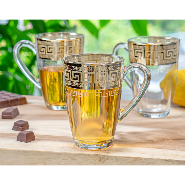 Red Co. Set of 6 Decorated Clear Glass 12 Fl Oz Tea and Coffee Mugs with Golden Greek Key Trim