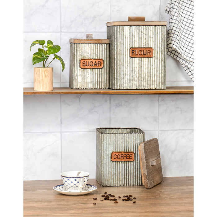 Red Co. Set of 3 Sizes, Sugar, Coffee & Flour Corrugated Storage Canister Jars with Lids, Distressed Metal & Wood