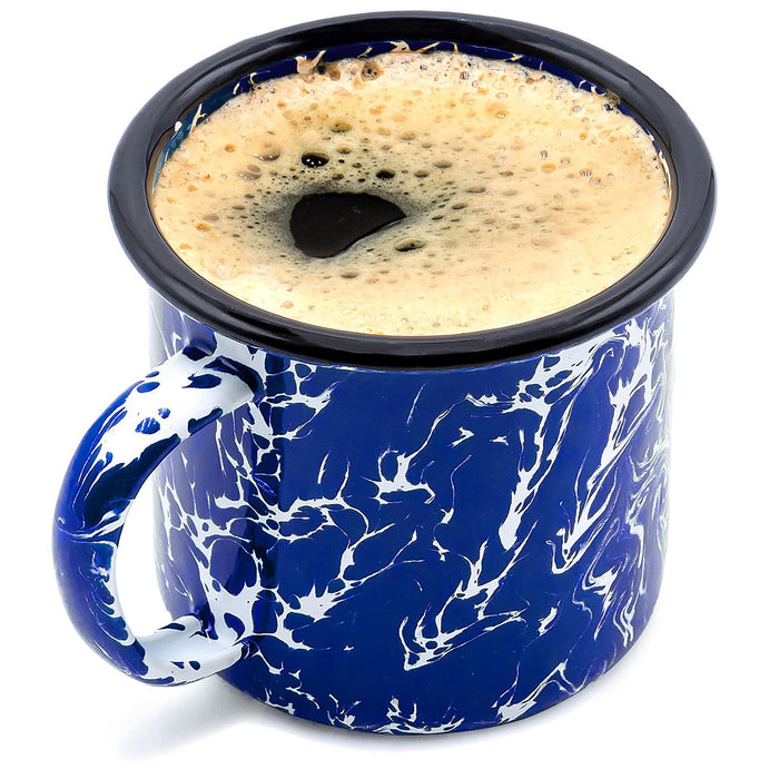 Red Co. Set of 6 Enamelware Metal Medium Classic 12 Oz Round Coffee/Tea Mug with Handle, Navy Blue Marble/Black Rim – Splatter Design