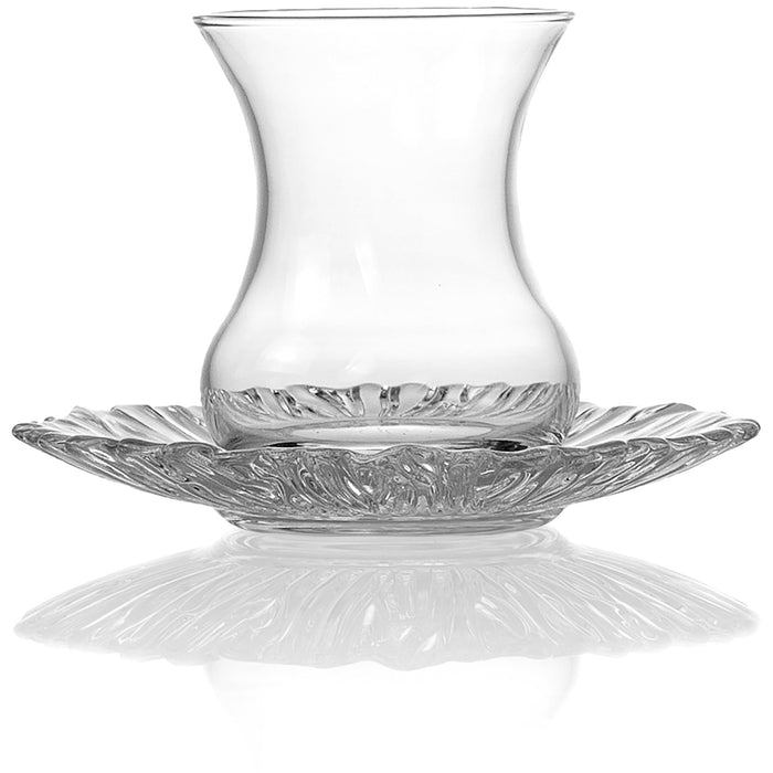 Red Co. Set of 6 Clear Glass 5.25 Fl Oz Tulip Shaped Turkish Tea Cups with Saucers