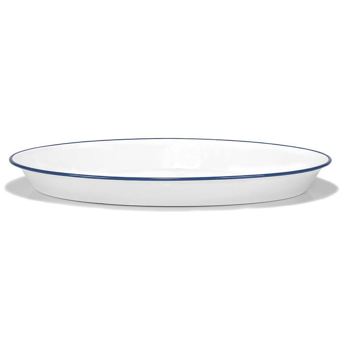 Red Co. Oven Safe Enamelware Metal Classic 16.5” Serving Oval Tray Platter, Solid White/Navy Blue Rim