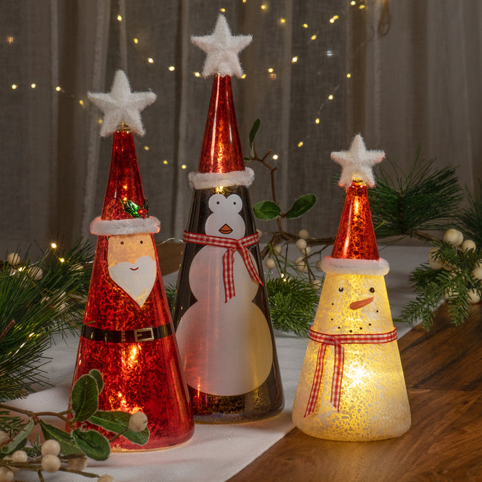 Red Co. 11”, 9.5”, 8” Light-Up Glass Christmas Tabletop Display Figurines, Set of 3 – Snowman, Santa, Penguin