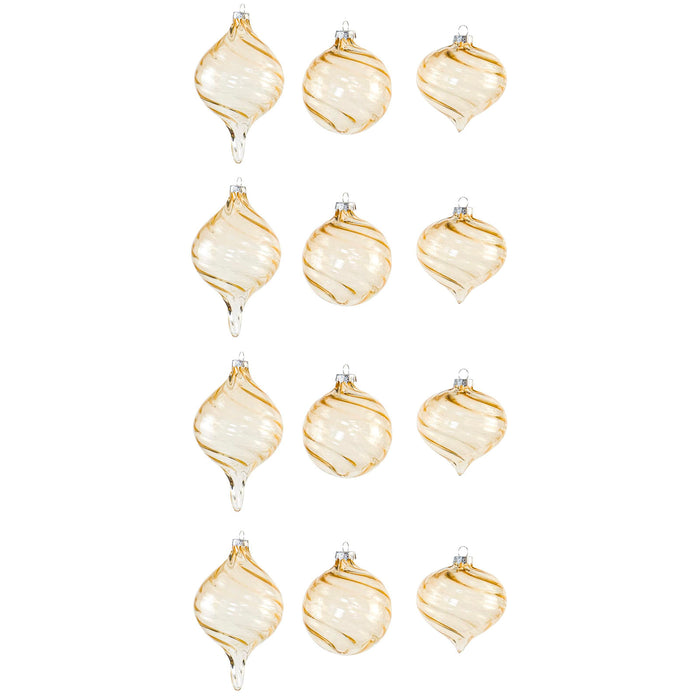 Red Co. Set of 12 Assorted 3” to 5” Decorative Champagne Gold Swirl Glass Hanging Christmas Tree Ornaments - Olive, Ball & Onion
