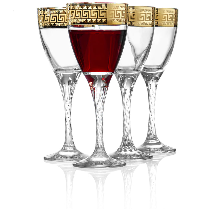 Red Co. Set of 4 Decorated Clear Glass 7 Fl Oz Stemmed Wine Glasses with Golden Greek Key Trim