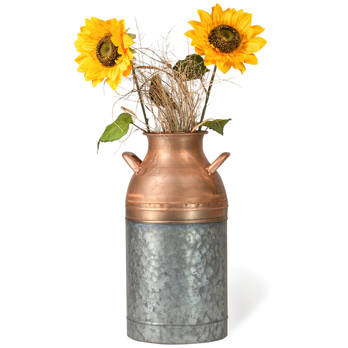 Red Co. 16” Tall Large Decorative Galvanized Metal & Copper Jug Vase with Handles, Distressed Grey/Rose Gold