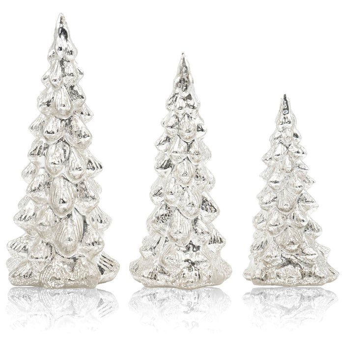 Red Co. Set of 3 (12”, 10”, 8”) Glass Light-Up Decorative Tabletop Christmas Tree Holiday Figurine with LED Lights, Mercury Silver