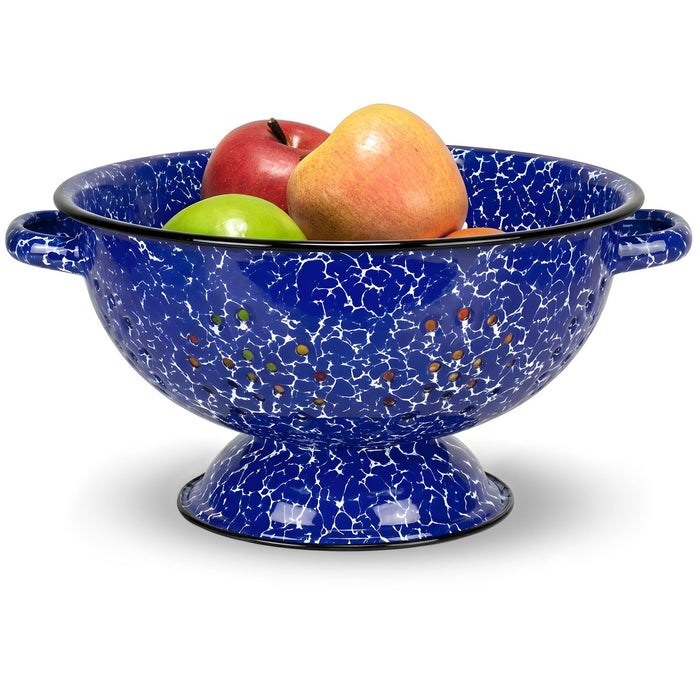 Red Co. Enamelware Metal Classic 10.5 Inch Round Food Strainer Colander with Two Handles, Navy Blue Marble/Black Rim – Splatter Design