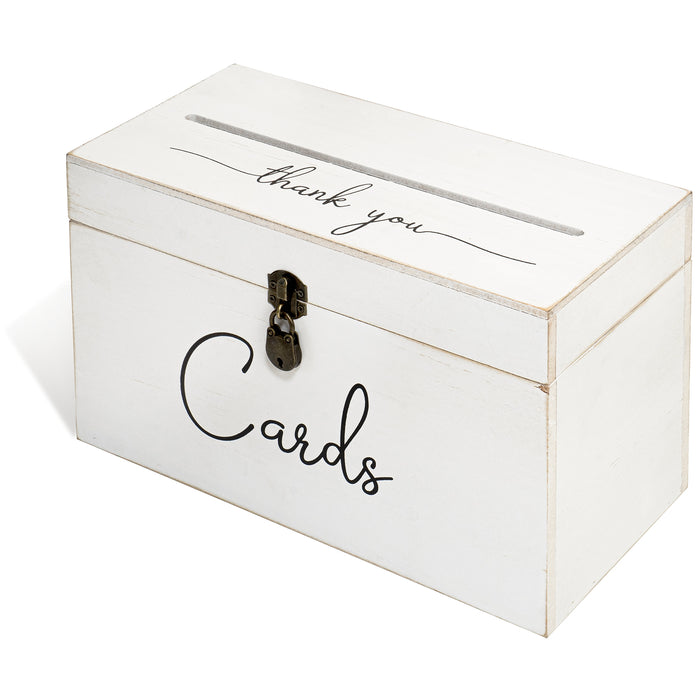 Red Co. 13” x 7” Decorative Distressed Wood Thank You Wedding Card Box with Key & Lock, White