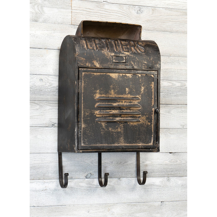 Red Co. 11” x 20” French Vintage Embossed Metal Wall Mount Mailbox with 3 Hooks, Distressed Black