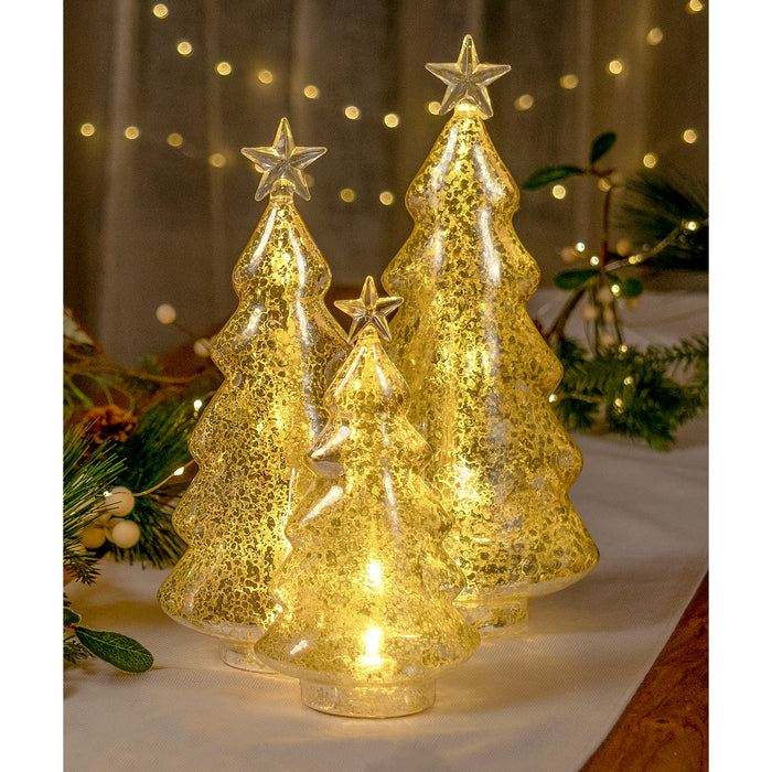 Red Co. 8.5”, 11”, 12.5” Light-Up Clear Glass Christmas Tree Tabletop Display Figurine Set of 3 Sizes, Mercury Gold