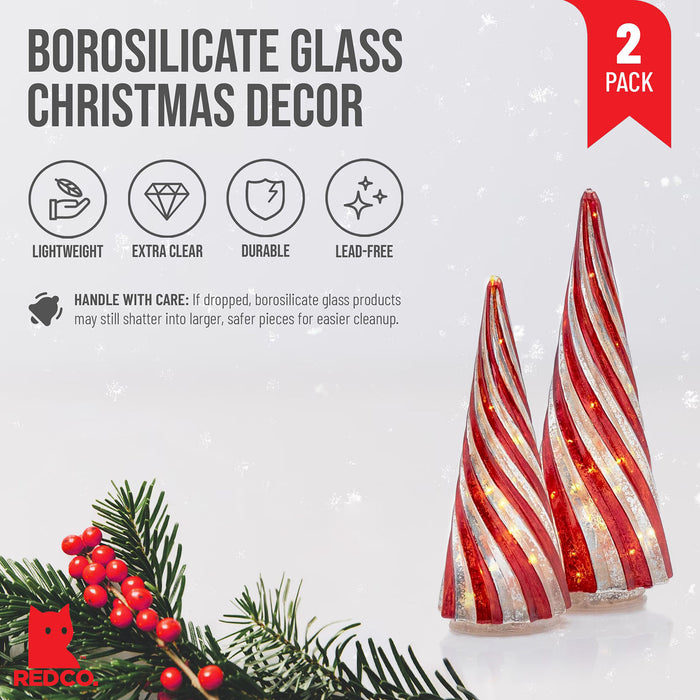 Red Co. Set of 2 (12.5” and 10”) Glass Light-Up Decorative Tabletop Christmas Tree Holiday Figurine with LED Lights, Festive Red & Silver Swirls