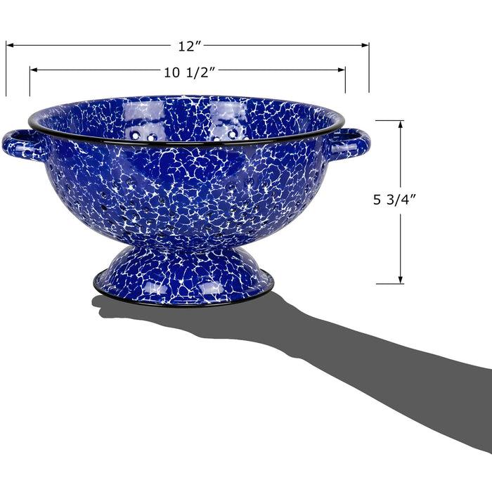 Red Co. Enamelware Metal Classic 10.5 Inch Round Food Strainer Colander with Two Handles, Navy Blue Marble/Black Rim – Splatter Design