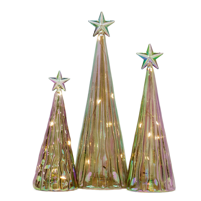 Red Co. 11”, 9.5”, and 8” Iridescent Golden Glass Christmas Tree Figurines with LED Lights, Set of 3