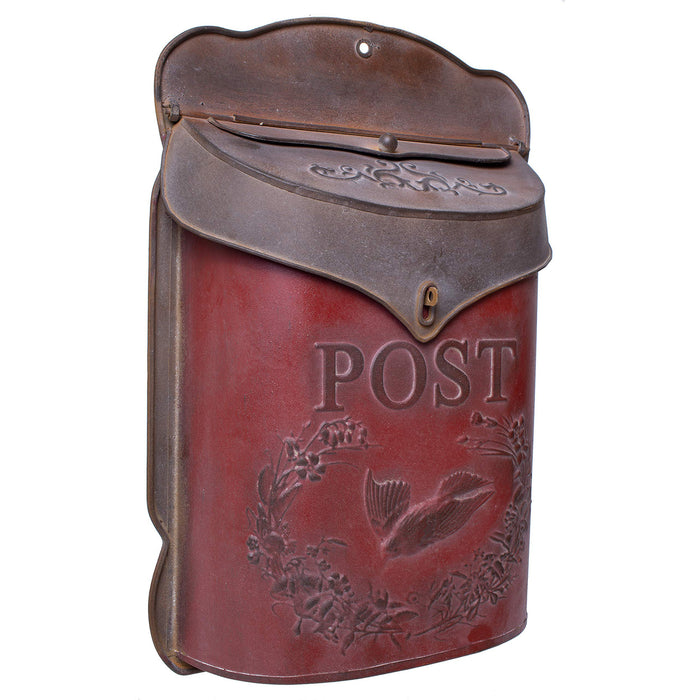 Red Co. 10.5” x 15.5” Shabby Chic Wall-Mounted Post Embossed Aged Metal Mailbox, Rusted Red