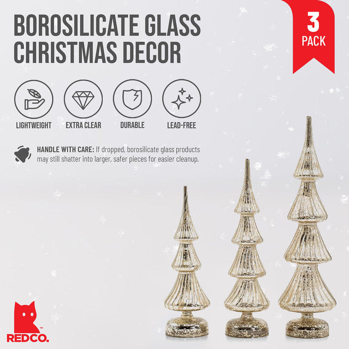 Red Co. Set of 3 (17.5”, 14”, 12”) Glass Light-Up Decorative Tabletop Christmas Tree Holiday Figurine with LED Lights, Mercury Silver