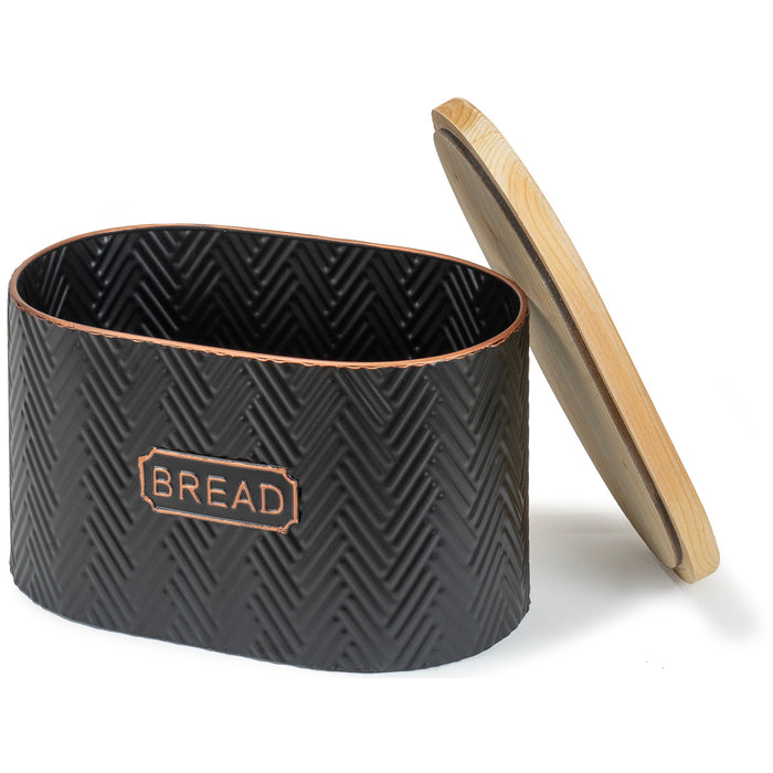 Red Co. 11.25” x 7.25” Pre-Labeled Metal Embossed Bread Container Box with Wooden Lid, Black