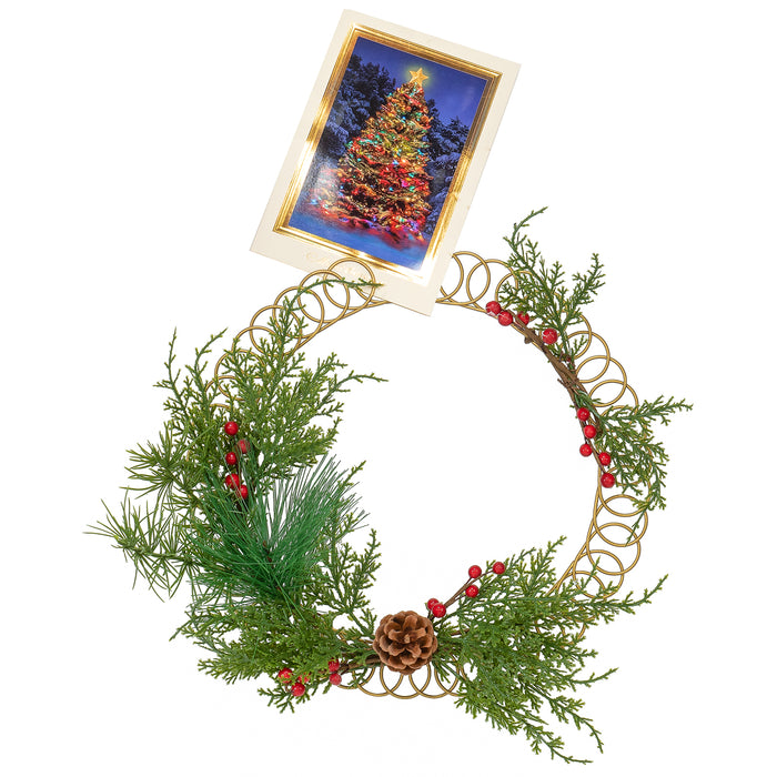 Red Co. 13.5” Decorative Golden Metal Spiral Christmas Card Holder Wreath with Evergreen Pine and Red Berries