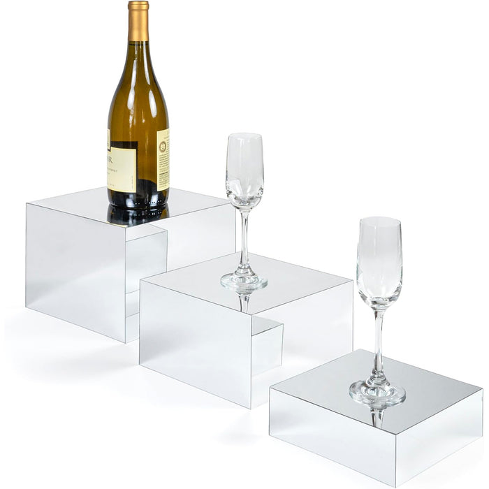 Red Co. Set of 3 Glossy Silver Acrylic Cube Display Nesting Risers with Hollow Bottoms - 2 Pack