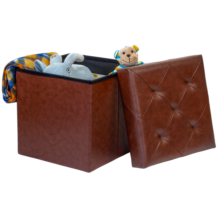 Red Co. Faux Leather Folding Cube Storage Ottoman with Padded Seat, 15" x 15" - Chocolate Brown