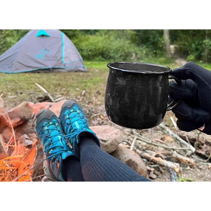 Red Co. Set of 4 Enamelware Metal 12 Oz Round Camping Coffee Mugs with Handle, White-Speckled Black/Black Rim