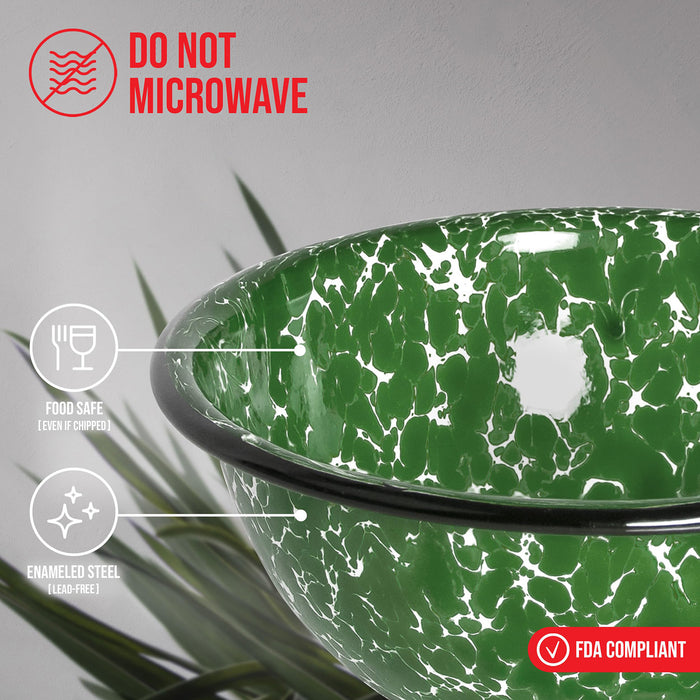 Red Co. Set of 4 Enamelware Metal Classic 20 oz Round Cereal Bowl, Dark Green Marble/Black Rim - Splatter Design