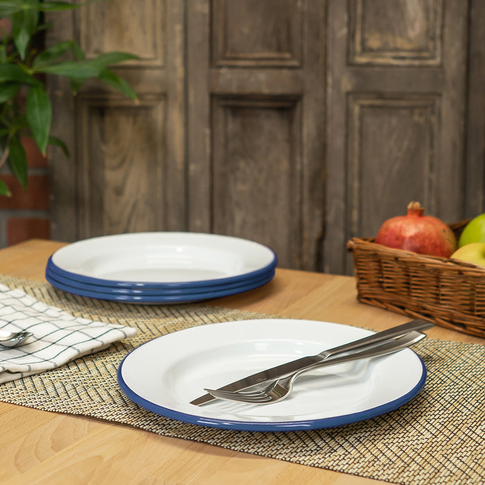 Red Co. Set of 4 Enamelware Metal Classic 10" Round Dinner Plate, Solid White/Navy Blue Rim