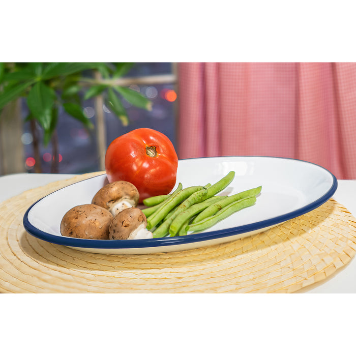 Red Co. Set of 4 Enamelware Metal Classic 13" Serving Oval Tray Platter, Solid White/Navy Blue Rim