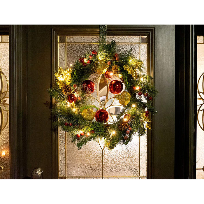 Red Co. 22” Light-Up Christmas Wreath with Red & Gold Ornaments, Plug-in LED Lights