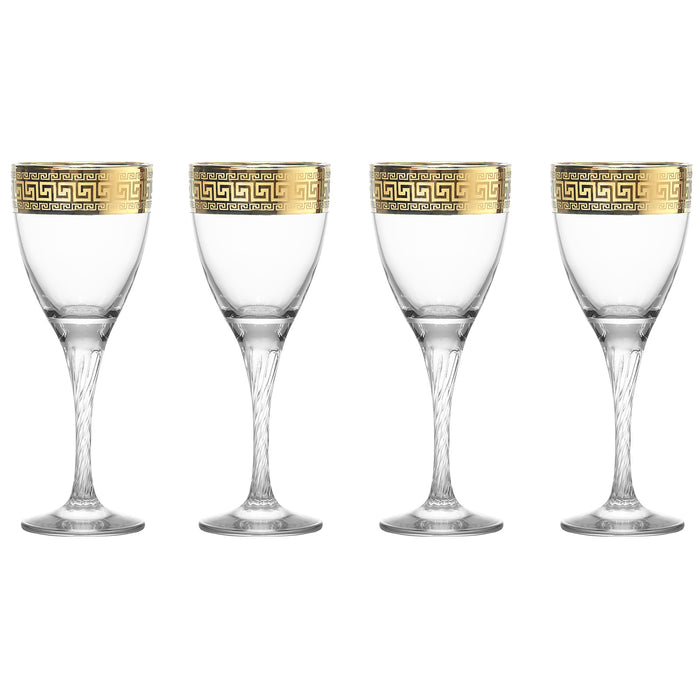 Red Co. Set of 4 Decorated Clear Glass 7 Fl Oz Stemmed Wine Glasses with Golden Greek Key Trim