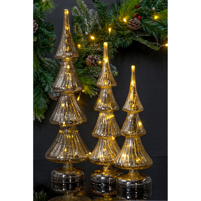 Red Co. Set of 3 (17.5”, 14”, 12”) Glass Light-Up Decorative Tabletop Christmas Tree Holiday Figurine with LED Lights, Mercury Silver