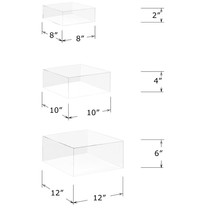 Red Co. Set of 3 (12", 10", 8") Square Cube Acrylic Display Nesting Risers with Hollow Bottoms