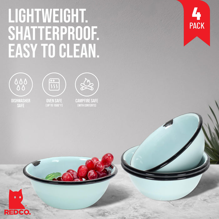 Red Co. Set of 4 Enamelware Metal Classic 20 oz Round Cereal Bowl, Distressed/Black Rim