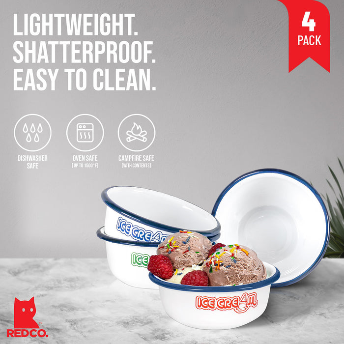 Red Co. Set of 4 White Enamelware Metal 7 oz Ice Cream Bowls, Assorted Color Prints/Navy Blue Rim
