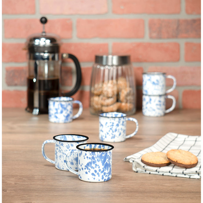 Red Co. Set of 6 Enamelware Metal Small Classic 5 Oz Round Coffee and Tea Mug with Handle,  Marble/Black Rim – Splatter Design