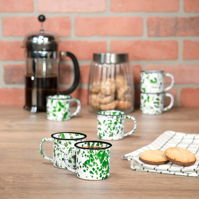 Red Co. Set of 6 Enamelware Metal Small Classic 5 Oz Round Coffee and Tea Mug with Handle,  Marble/Black Rim – Splatter Design