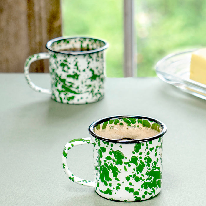 Red Co. Set of 6 Enamelware Metal Small Classic 5 Oz Round Coffee and Tea Mug with Handle,  Marble/Black Rim – Splatter Design