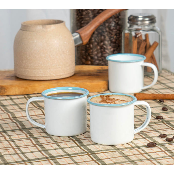 Red Co. Set of 6 Enamelware Metal Small Classic 5 Oz Round Coffee and Tea Mug, Solid White/Color Rim