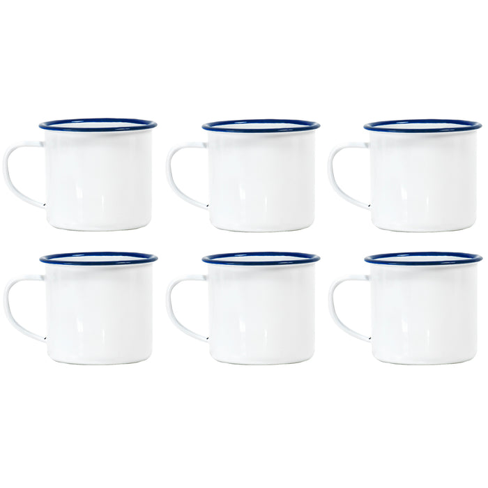 Red Co. Set of 6 Enamelware Metal Medium Classic 12 Oz Round Coffee and Tea Mug with Handle, Solid White/Colored Rim