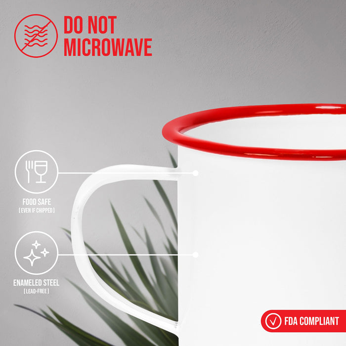 Red Co. Set of 6 Enamelware Metal Medium Classic 12 Oz Round Coffee and Tea Mug with Handle, Solid White/Color Rim
