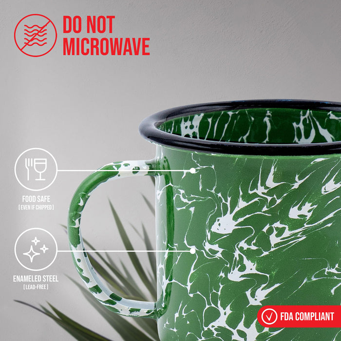 Red Co. Set of 6 Enamelware Metal Medium Classic 12 Oz Round Coffee and Tea Mug with Handle, Dark Green Marble/Black Rim – Splatter Design