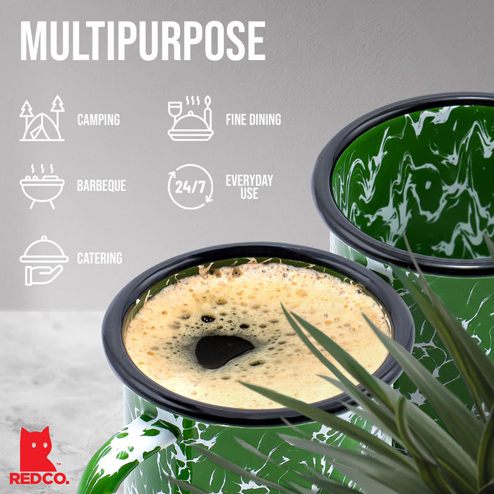 Red Co. Set of 6 Enamelware Metal Medium Classic 12 Oz Round Coffee and Tea Mug with Handle, Dark Green Marble/Black Rim – Splatter Design