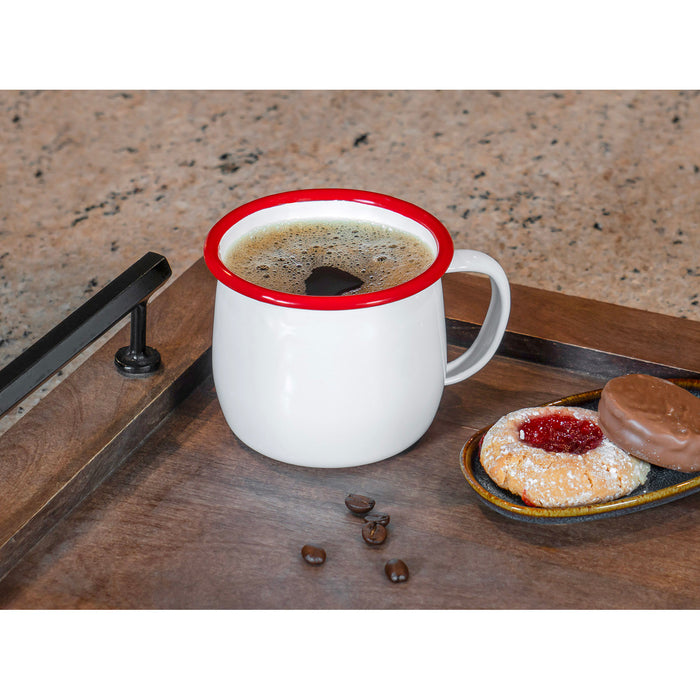 Red Co. Set of 4 Enamelware Metal 13.5 Oz Round Camping Mugs with Handle, Solid White/Colored Rim