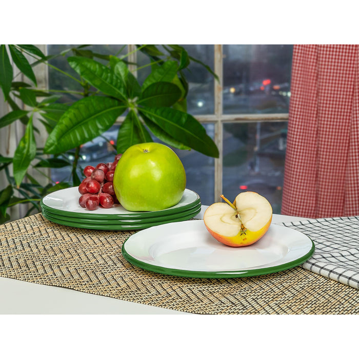 Red Co. Set of 4 Enamelware Metal Classic 8" Round Salad Plate, Solid White/Color Rim