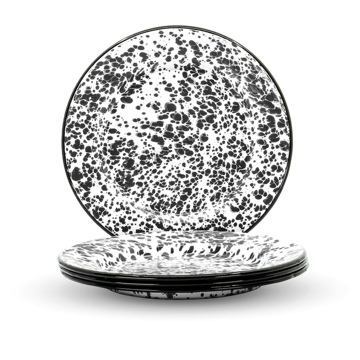 Red Co. Set of 4 Enamelware Metal Classic 10" Round Dinner Plate, Marble/Black Rim - Splatter Design