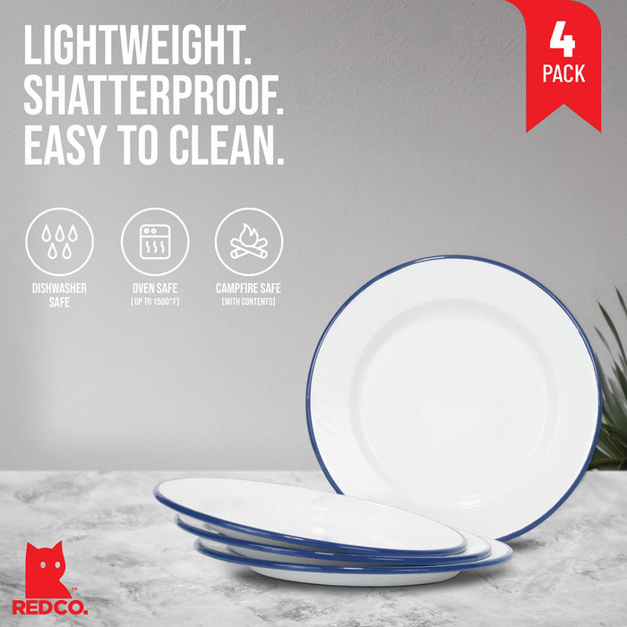 Red Co. Set of 4 Enamelware Metal Classic 10" Round Dinner Plate, Solid White/Color Rim