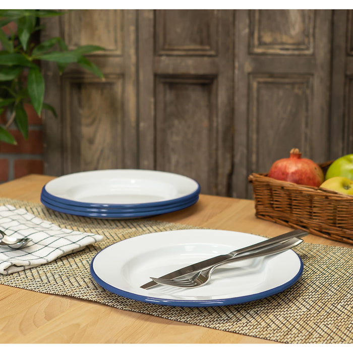Red Co. Set of 4 Enamelware Metal Classic 10" Round Dinner Plate, Solid White/Color Rim