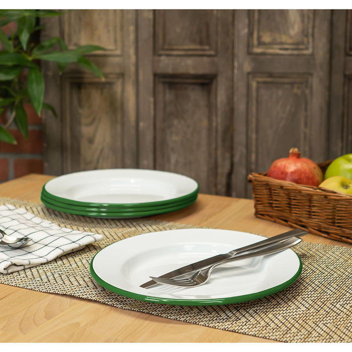 Red Co. Set of 4 Enamelware Metal Classic 10" Round Dinner Plate, Solid White/Color Rim