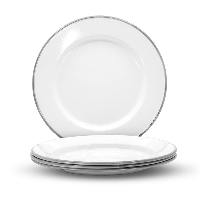 Red Co. Set of 4 Enamelware Metal Classic 10" Round Dinner Plate, Solid White/Color Rim
